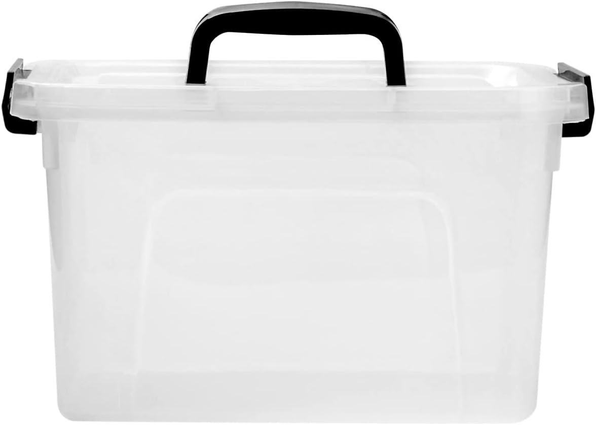 6 Quart Stackable Plastic Storage Bins with Lids, 6 Pack Clear Black Small Organizer Boxes with Latches for Bathroom, Pantry, Office Desk and Small Item Storage
