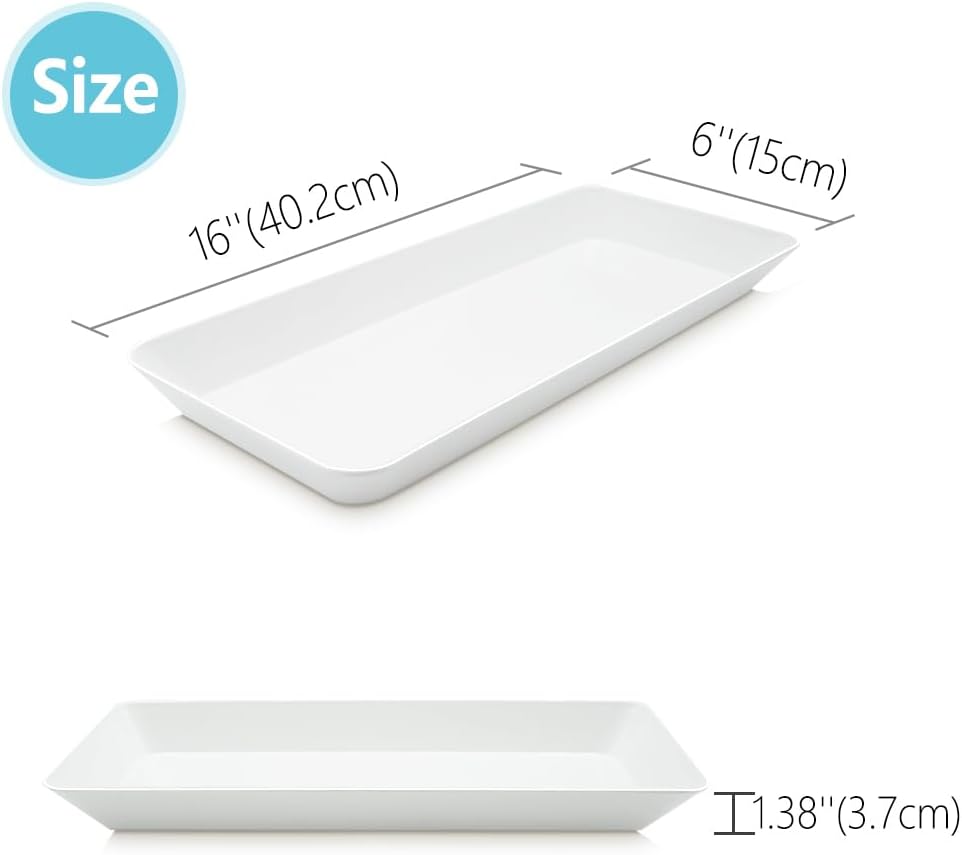 Serving Tray Platter Rectangle, 4 Pcs Long Narrow Food Tray for Veggie Fruit Snack Dessert, Plastic White Food Trays for Party Supplies Display, Rectangular Platters for Serving Food, BPA Free