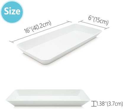 Serving Tray Platter Rectangle, 4 Pcs Long Narrow Food Tray for Veggie Fruit Snack Dessert, Plastic White Food Trays for Party Supplies Display, Rectangular Platters for Serving Food, BPA Free