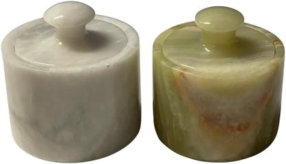 Marble Salt Cellar Keep Spices Fresh Seasoning Holder for Herbs Sugar Salt Keeper With Handmade Lid Knob Like Mushroom Best 3-Inch Marble Dish (Green Onyx and White)