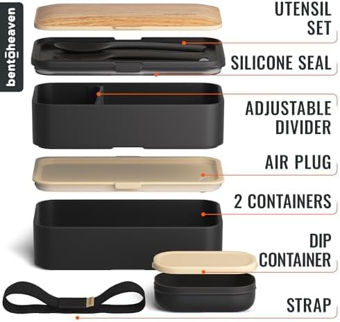Bentoheaven Premium Bento Box Adult Lunch Box with Compartments for Women & Men, Set of Utensil & Chopsticks & Dip Container, Cute Japanese Kids Bento Lunch Box, Microwavable (Symph Onyx)