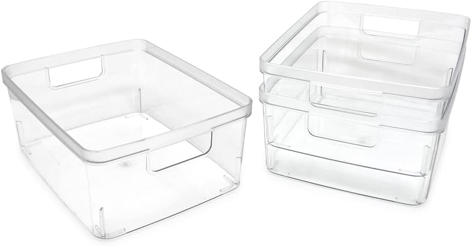 Isaac Jacobs 2-Pack Square Clear Storage Bins (10” L x 10” W x 6.1” H) w/Cutout Handles, Plastic Organizer for Home, Office, Kitchen, Fridge/Freezer, Bathroom, BPA Free, Food Safe (2-Pack, Square)