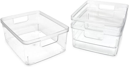 Isaac Jacobs 2-Pack Square Clear Storage Bins (10” L x 10” W x 6.1” H) w/Cutout Handles, Plastic Organizer for Home, Office, Kitchen, Fridge/Freezer, Bathroom, BPA Free, Food Safe (2-Pack, Square)