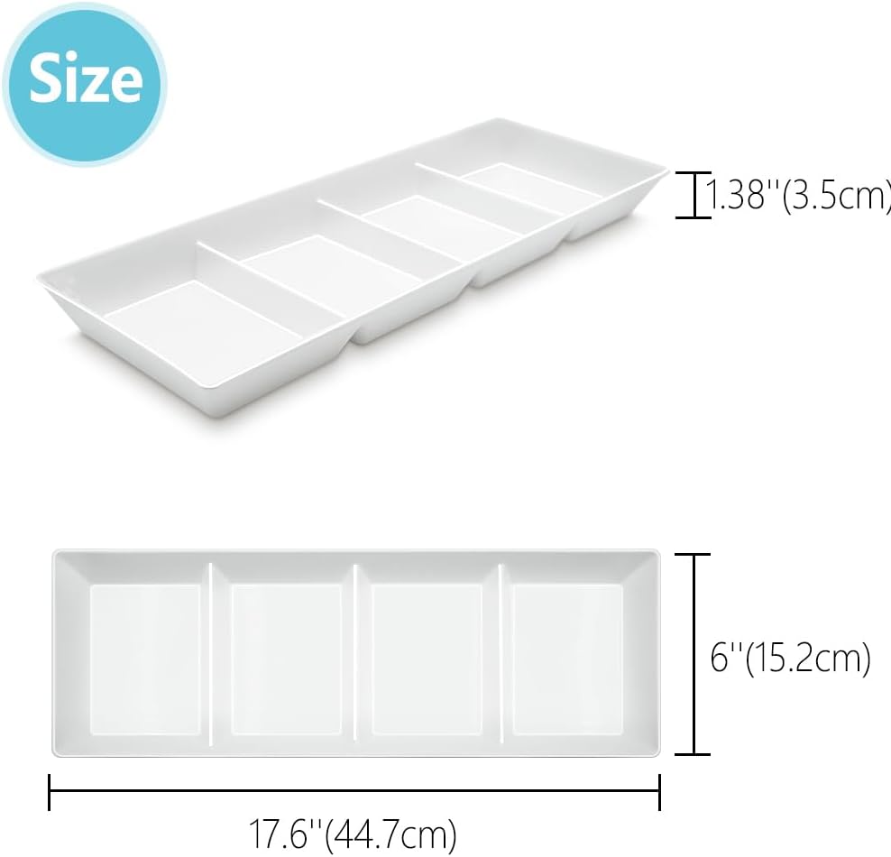 Divided Serving Tray Platter, 4 Pack 15" x 10" Fruit Veggie Food Tray for Party, Plastic Serving Trays for Appetizer, Snack, Dessert, Cookie, Brunch Decorations Platters, White Trays BPA-Free