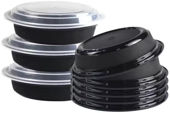48oz Disposable Black Meal Prep/Bento Box with Clear Dome Lids - Round Plastic Meal Containers - Leak Proof and Reusable Box : Perfect For Salad, Meal Prep and Fruits : Set of 10