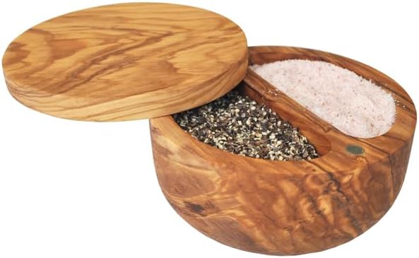 Med Olive Wood Salt Keeper with 2 Section Salt Cellar. Magnetic, Swivel Lid