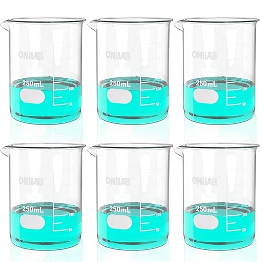 ONiLAB Glass Measuring Beaker Set 50ml 100ml 250ml (Pack of 3) 3.3 Boro Griffin Low Form with Printed Graduation Scientific Glassware for Laboratories, Classrooms or Home Use 13900244