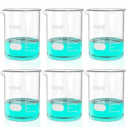 ONiLAB Glass Measuring Beaker Set 50ml 100ml 250ml (Pack of 3) 3.3 Boro Griffin Low Form with Printed Graduation Scientific Glassware for Laboratories, Classrooms or Home Use 13900244
