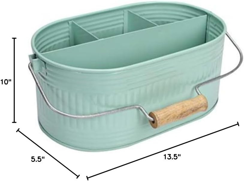 Alpha Living Home Galvanized Metal Utensil Caddy - Rustic Farmhouse Organizer Metal Garden Caddy with 4 Compartments and Wooden Handle for Kitchen, Buffet & Outdoor Events (Silver)