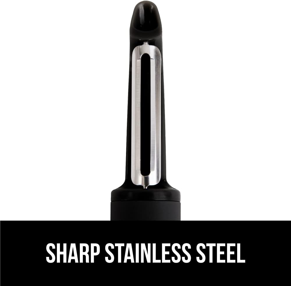 GORILLA GRIP® Patented BPA-Free Vegetable Peeler, Extra Sharp Swivel Stainless Steel Blades with Guard, Comfortable Soft Handle, Easily Peel Carrots or Fruit, Potato Eye Remover, Washer Safe, Black