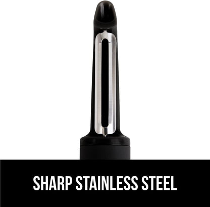 GORILLA GRIP® Patented BPA-Free Vegetable Peeler, Extra Sharp Swivel Stainless Steel Blades with Guard, Comfortable Soft Handle, Easily Peel Carrots or Fruit, Potato Eye Remover, Washer Safe, Black