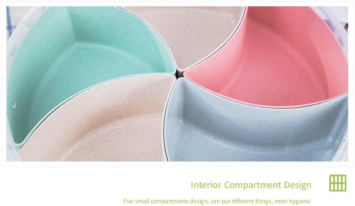 Snack Box with Lid and Handle, Divided Tray Large Round Plastic, Colorful Compartments Serving Box for Biscuit,Candy,Nut,Picnic,Party Food Container, Easy Distinguish Sealed Fruit Organizer Platter