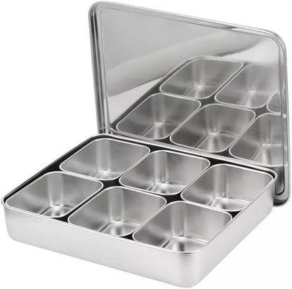 Xarra - Japanese Mini Container, Stainless Steel Yakumi Mise En Place Box, Multi Compartment Set For Food, Herbs, Seasoning and Spices (6 Compartment)
