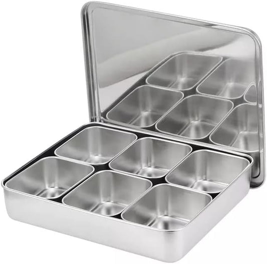 Xarra - Japanese Mini Container, Stainless Steel Yakumi Mise En Place Box, Multi Compartment Set For Food, Herbs, Seasoning and Spices (6 Compartment)
