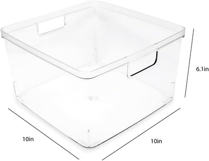 Isaac Jacobs 2-Pack Square Clear Storage Bins (10” L x 10” W x 6.1” H) w/Cutout Handles, Plastic Organizer for Home, Office, Kitchen, Fridge/Freezer, Bathroom, BPA Free, Food Safe (2-Pack, Square)