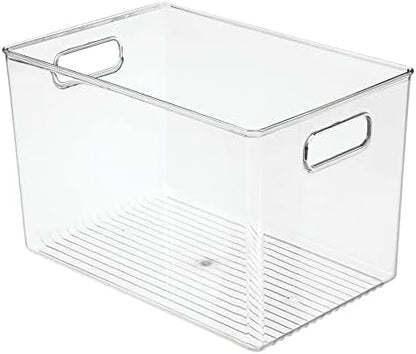mDesign Deep Plastic Home Storage Organizer Bin with Built-in Handles for Cube Furniture Shelving in Office, Closet, Cabinet, Bedroom, Bathroom, Nursery, Dorm - 4 Pack - Clear