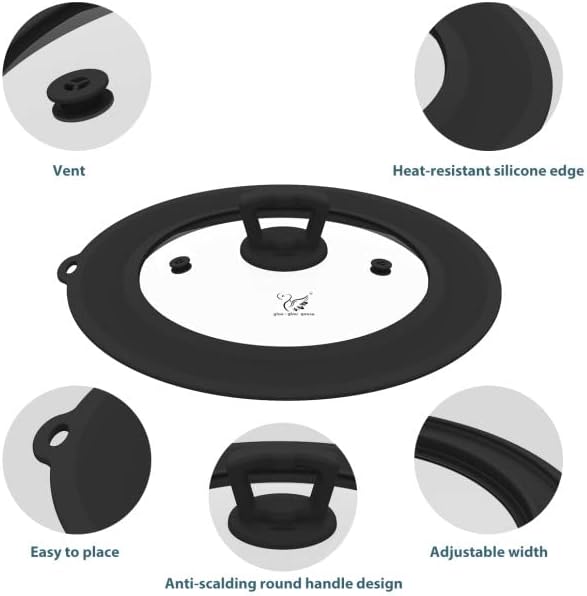 Vented Tempered Glass Universal Lid for Pot Pan Skillet with Heat Resistant Silicone Rim Microwave Splatter Lid Cover Microwave Safe Fit 11.5" 12" 12.5" Cookware, Dishwasher Safe Grey