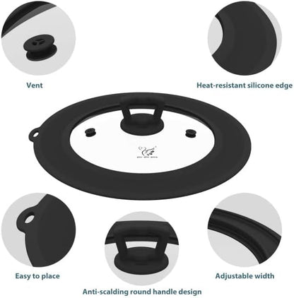 Vented Tempered Glass Universal Lid for Pot Pan Skillet with Heat Resistant Silicone Rim Microwave Splatter Lid Cover Microwave Safe Fit 11.5" 12" 12.5" Cookware, Dishwasher Safe Grey