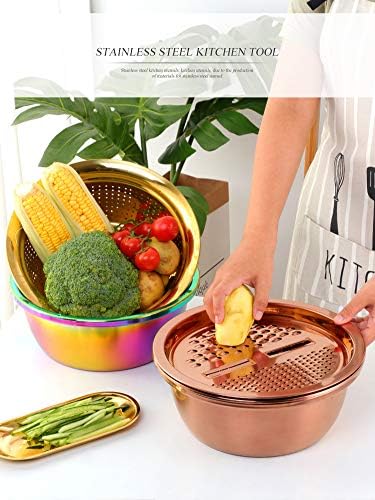 3PC/Set Colander set Stainless Steel Vegetable Slicer Fruit Potato Peeler Carrot Grater Strainer Utensil Round Rice Washer Bowl Drain Basket-Gold