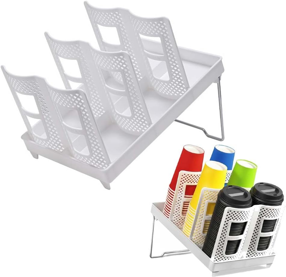 Paper Cup and Lid Holder,Disposable Plastic Coffee Cup Dispenser,3-Slot Upright Paper Cup Dispenser for Coffee Stations,Kitchens,Bars,Restaurants,Lounges,Single Row,White