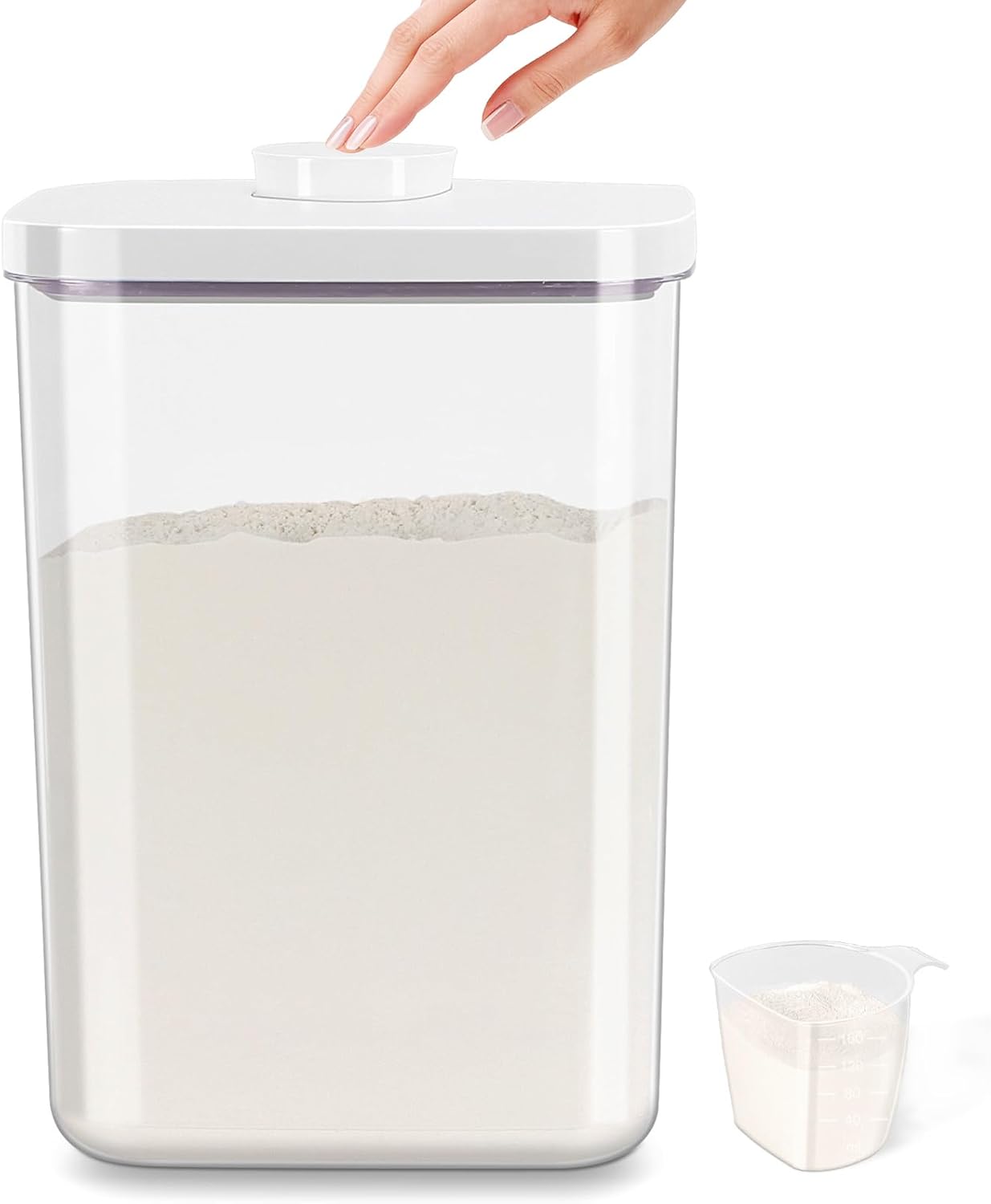 Airtight Rice Container 25 Lbs with Handle and Cup – 12.68Qt Large Flour Sugar Storage Container with Pop Up Seal & Hanging Lid Hooks, Clear Tall Food Storage Bin for Kitchen Pantry Organization