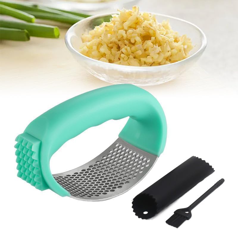Stainless Steel Garlic Press, Garlic Chopper Garlic Press Rocker Set with Peeler, Garlic Mincer Crusher Masher with Peeler and Cleaning Brush, Garlic Chopper for Smash Garlic Kitchen Tools (Black)