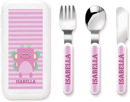 Personalized Stainless Steel Kids Utensils Set Custom Name on Kids Forks Knife and Spoons for 3 Pcs Kid Cutlery Set with Case (Truck)