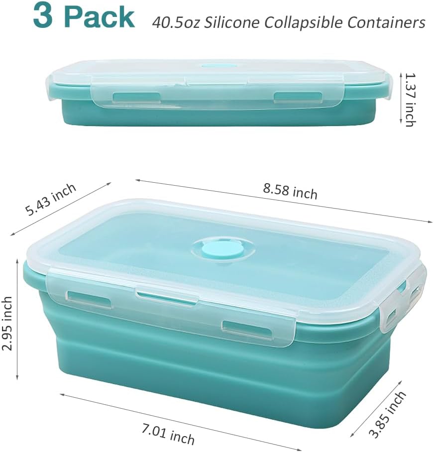 Alimat PluS 40.5oz Silicone Collapsible Food Storage Containers with Lids, 3 Pack Set 1200ml Folding Large Meal Prep Lunch Containers, Microwave, Freezer and Dishwasher Safe