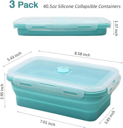 Alimat PluS 40.5oz Silicone Collapsible Food Storage Containers with Lids, 3 Pack Set 1200ml Folding Large Meal Prep Lunch Containers, Microwave, Freezer and Dishwasher Safe