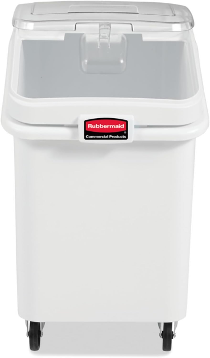 Rubbermaid Commercial Products ProSave Shelf-Storage Ingredient Bin With Scoop, 600-Cup capacity, Plastic, White, Sliding Lid, Container with Wheels for Kitchen/Restaurant Food Organization