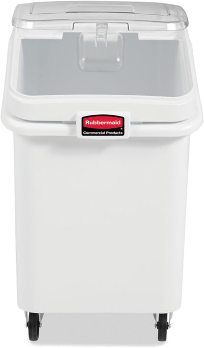 Rubbermaid Commercial Products ProSave Shelf-Storage Ingredient Bin With Scoop, 600-Cup capacity, Plastic, White, Sliding Lid, Container with Wheels for Kitchen/Restaurant Food Organization