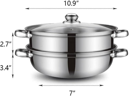 Steamer Pot for Cooking 11 inch Stainless Steel, 3-tier Multipurpose 18/8 Stainless Steel Steam Pot Cookware with Lid for Vegetable, Dumpling, Stock, Sauce, Food