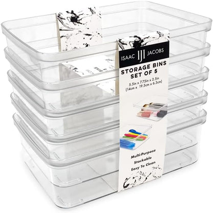 Isaac Jacobs 2-Pack Square Clear Storage Bins (10” L x 10” W x 6.1” H) w/Cutout Handles, Plastic Organizer for Home, Office, Kitchen, Fridge/Freezer, Bathroom, BPA Free, Food Safe (2-Pack, Square)