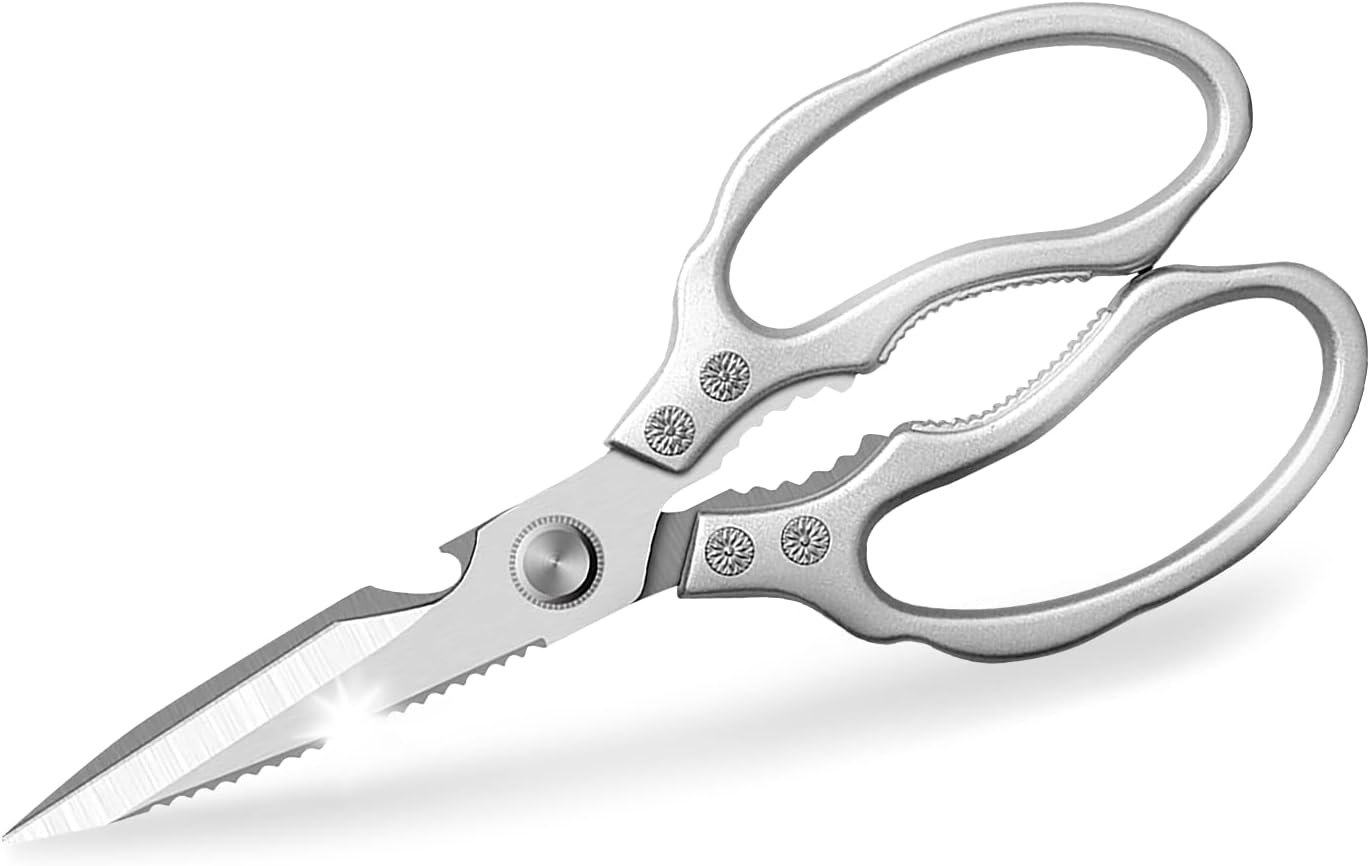 AWinjoy Heavy Duty Sharp Kitchen Scissors, Dishwasher Safe, Cooking Shears for Meat, Chicken, Fish, Poultry, Herb, Bread (Silver)