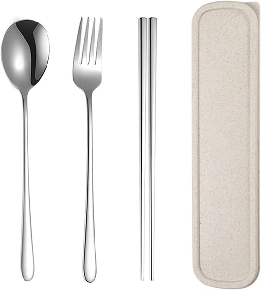 Xihuimay 3pcs Stainless Steel Chopsticks Fork Spoon Set with Travel Case Non-Slip Tabeware Pack Metal Portable Flatware Set Utensils Chinese Japanese Korean for Cooking Eating Dishwasher Safe, White