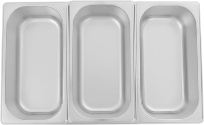 3/4/6 Compartment Stainless Steel Fruit Serving Set with Removable Acrylic Lids, Drainage Mats - Commercial Food Storage Containers for Buffet, Restaurant (3-Pan)