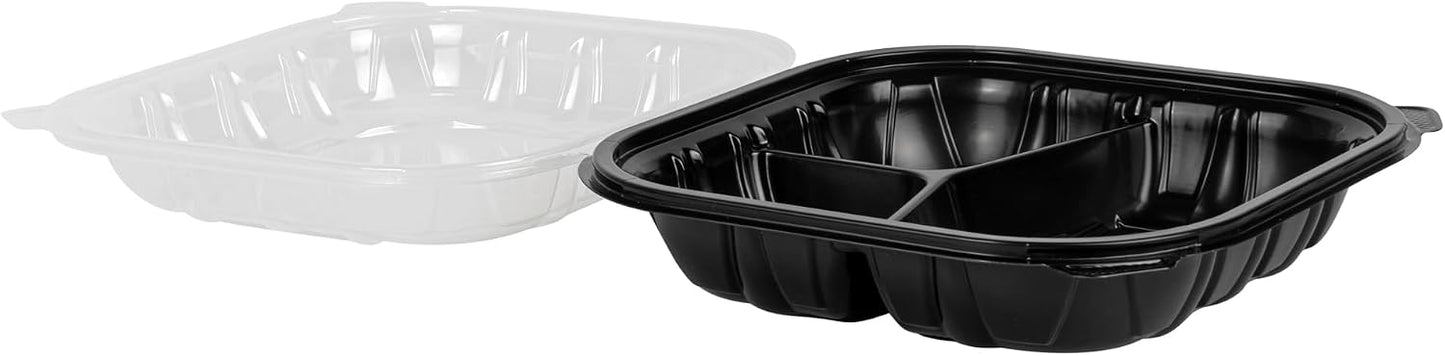 Thermo Tek 40 Ounce Clamshell Containers, 50 Disposable Take Out Boxes - 3 Compartments, Ventilated Lids, Black Plastic Meal Prep Containers, Microwavable, For Pasta Or Salads - Restaurantware