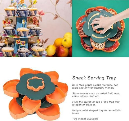 10-Grid Petal Rotating Snack Tray with Lid, Portable Divided Snackle Box Container for Party, Picnic and Camping, 360° Smooth Spinning Fruit Platter for Nuts, Fruits and Candy (C)