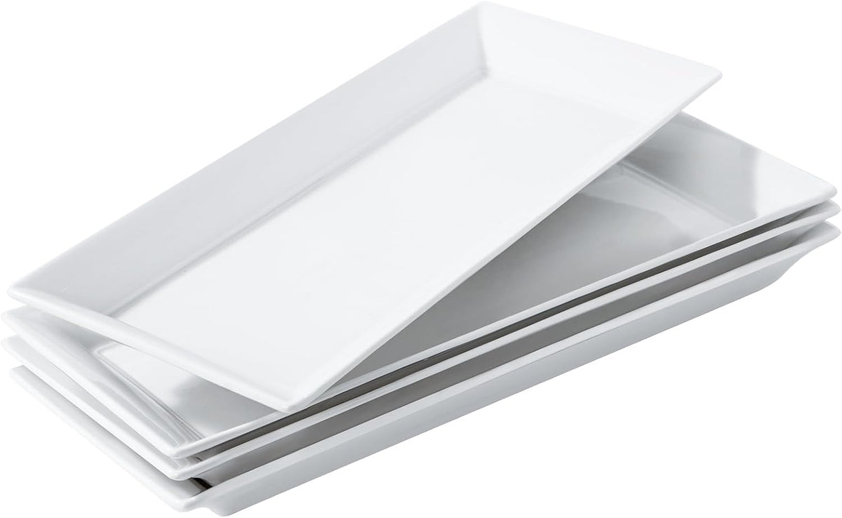 14 inch Ceramic Serving Platter - Rectangular Serving Trays Set of 4, Large Embossed Plates, Porcelain White Platters for Steak, Appetizer, Dessert, Tacos, Housewarming, Oven Dishwasher Safe
