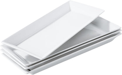 14 inch Ceramic Serving Platter - Rectangular Serving Trays Set of 4, Large Embossed Plates, Porcelain White Platters for Steak, Appetizer, Dessert, Tacos, Housewarming, Oven Dishwasher Safe