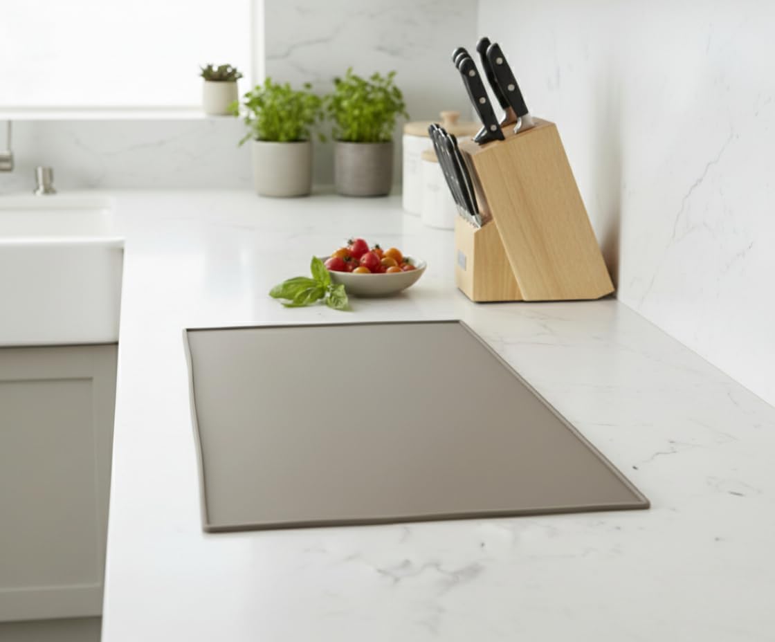 GASARÉ, Non Slip Cutting Board Mat, Grip Mat Pad, Under Kitchen Cutting Board, Raised Edges, Extra Large, Easy to Clean, 19 x 13 Inches, Taupe