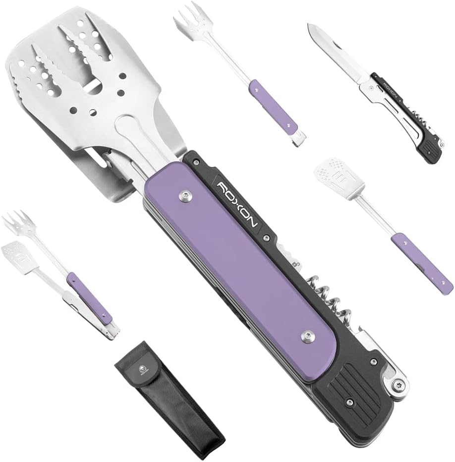 ROXON 6-in-1 Folding Grill Utensils Set, 14" BBQ Tools for Camping S601