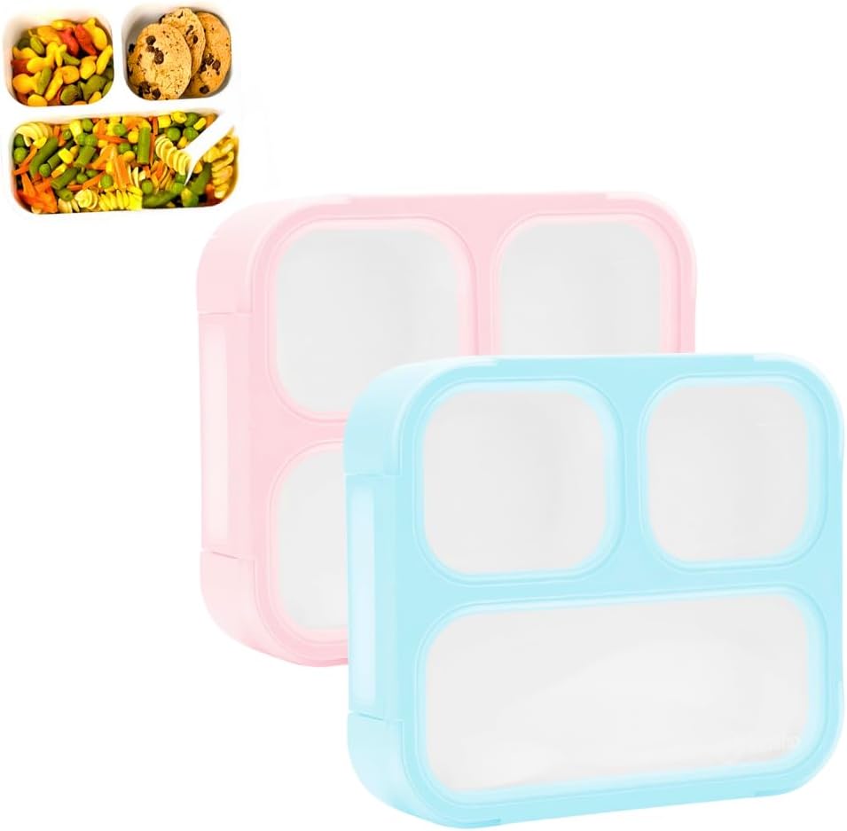 kinsho Medium Bento Boxes for Kids, Lunch Box for Boys Girls Toddler Adults, Leak-Proof 3 Compartment Containers for Meal or Snack at School Daycare Work Travel, BPA Free 2 Pack (Pastel Blue + Pink)