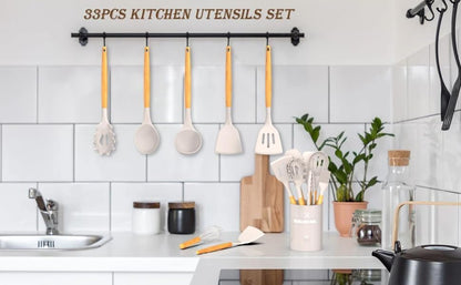 33-Piece Silicone Kitchen Cooking Utensils Set with Holder| Heat-Resistant | Non-Stick Cooking Utensils with Wooden Handles – BPA-Free Cookware Utensils set | Kitchen Tools Great for Gifting (GREEN)