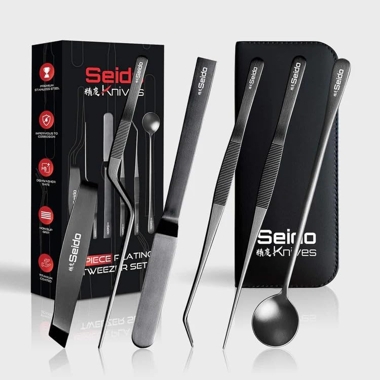 Seido 6-Piece Plating Tweezer Set – Professional Stainless Steel Culinary Tools with Non-Slip Grip, Straight & Curved Tweezers, Fish Bone Tweezer, Spatula, Tasting Spoon, Case Included