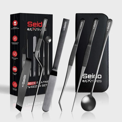 Seido 6-Piece Plating Tweezer Set – Professional Stainless Steel Culinary Tools with Non-Slip Grip, Straight & Curved Tweezers, Fish Bone Tweezer, Spatula, Tasting Spoon, Case Included