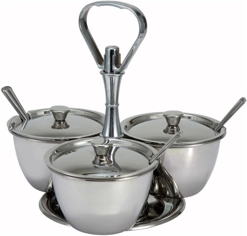 Soro Essentials- 3 Compartments Stainless Steel Relish Server 8 oz Capacity Per Cup- Serving Tray with Lid Condiment Server Condiment Serving Garnish Bar Container for Home Kitchen Restaurant