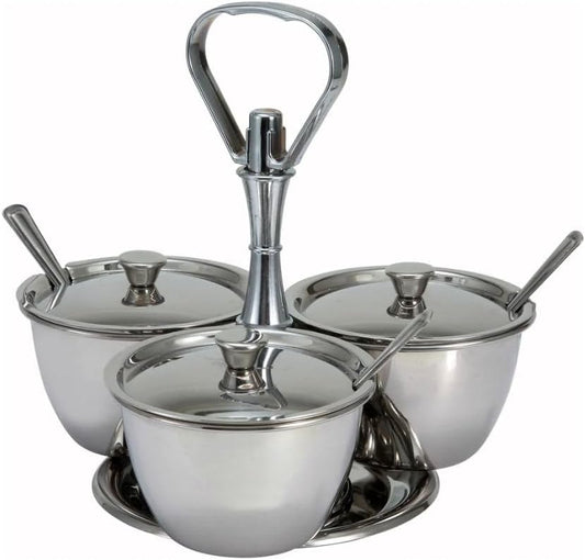 Soro Essentials- 3 Compartments Stainless Steel Relish Server 8 oz Capacity Per Cup- Serving Tray with Lid Condiment Server Condiment Serving Garnish Bar Container for Home Kitchen Restaurant