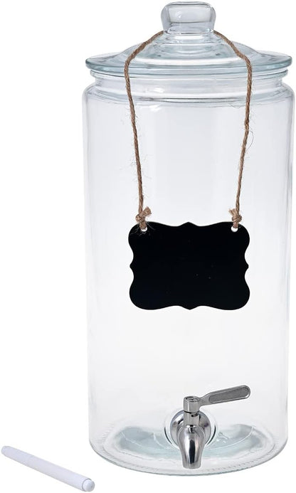2 Gallon Beverage Serveware with Stainless Steel Spigot + Marker & Chalkboard 100% Leakproof Glass Drink Dispenser for Parties with Spout, Airtight Beverage Dispenser for Water Juice Laundry