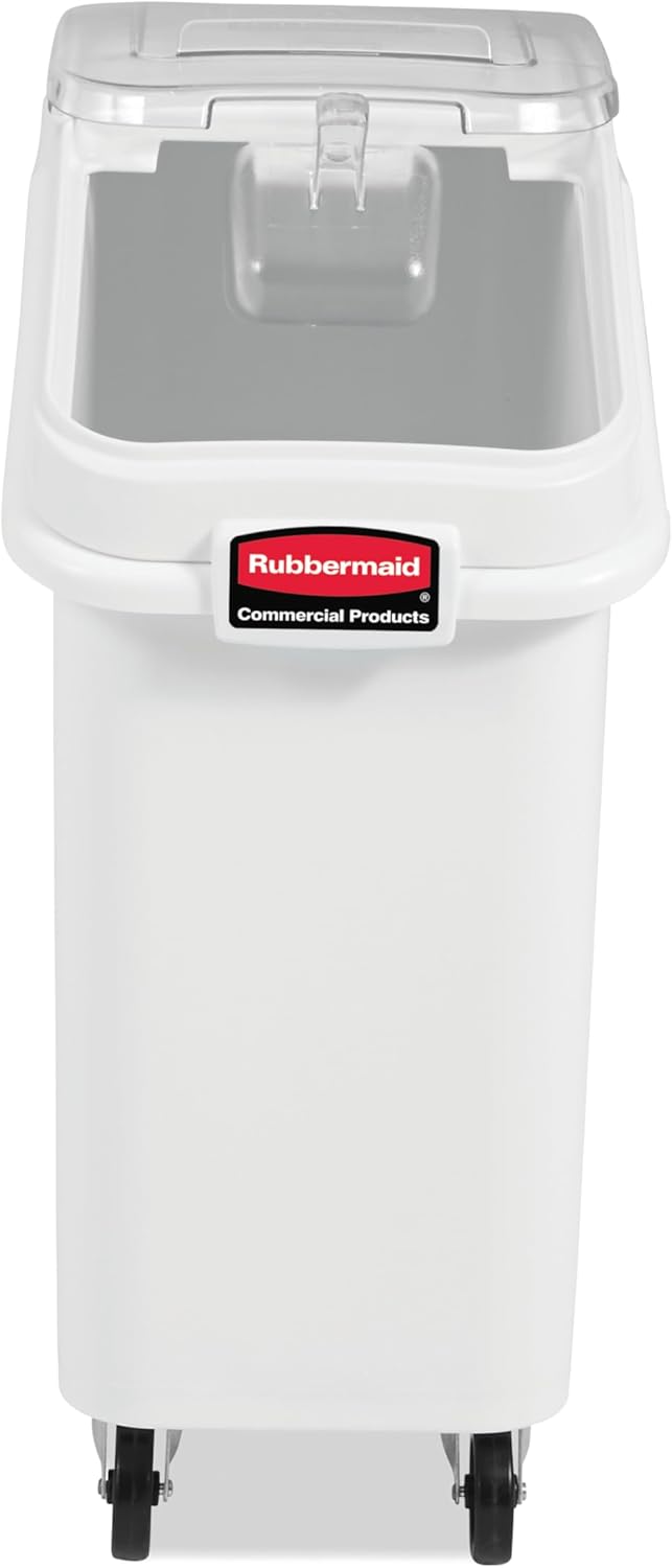 Rubbermaid Commercial Products ProSave Shelf-Storage Ingredient Bin With Scoop, 600-Cup capacity, Plastic, White, Sliding Lid, Container with Wheels for Kitchen/Restaurant Food Organization